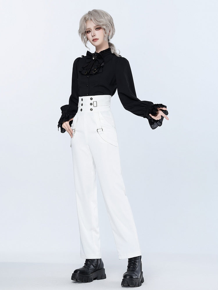High-Rise White Ouji Pants with Buttons and Buckles - DevilInspired Exclusive Collection