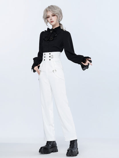 High-Rise White Ouji Pants with Buttons and Buckles - DevilInspired Exclusive Collection