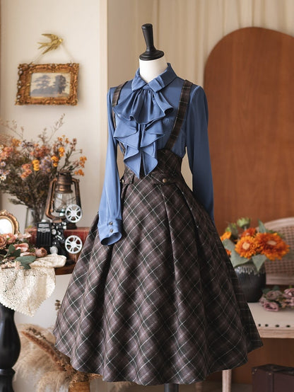 Elegant Satin Fitted with Long Jabot Sleeves Tie Blue Shirt