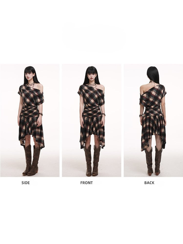 Hem Black Asymmetric Red Flounce Ruched with Apricot Neck Dress Plaid
