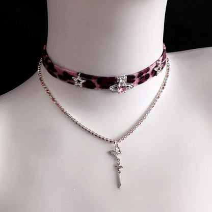 Leopard Choker with Decorations Rhinestone Star and Pink Print