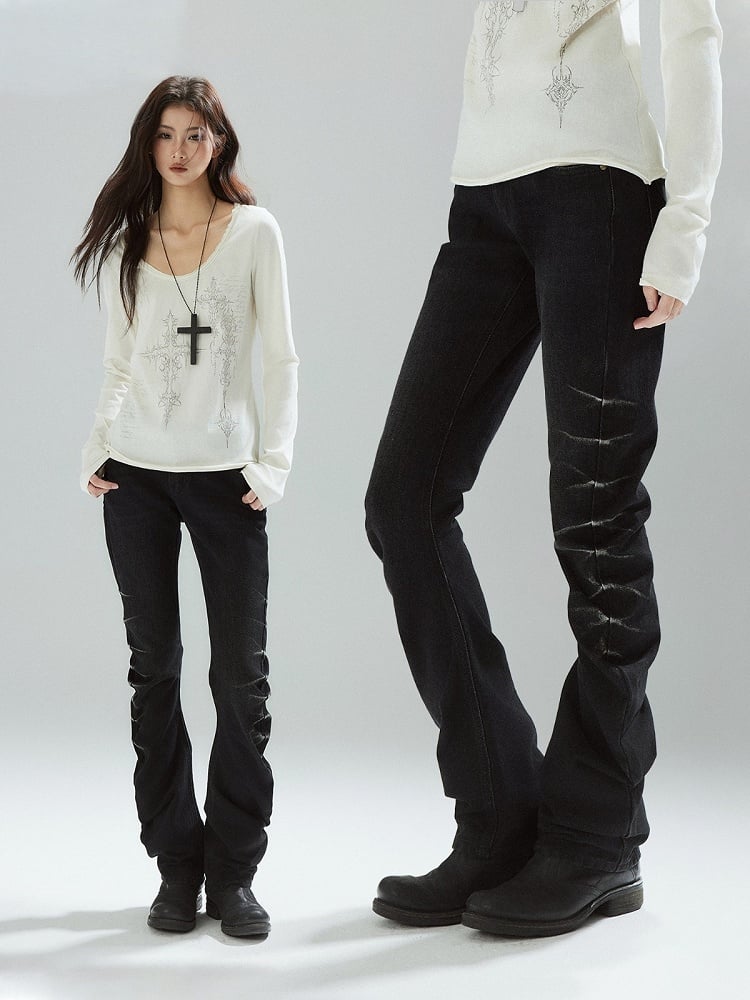 Black Denim Jeans with Stacked Pleats and Zipper Design - Low pixel