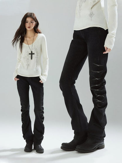 Black Denim Jeans with Stacked Pleats and Zipper Design - Low pixel