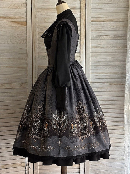 Print Gothic Drawstring Bat Gray Candelabras JSK Shoulder Dress Lolita with Wings Straps Lace-Trimmed
