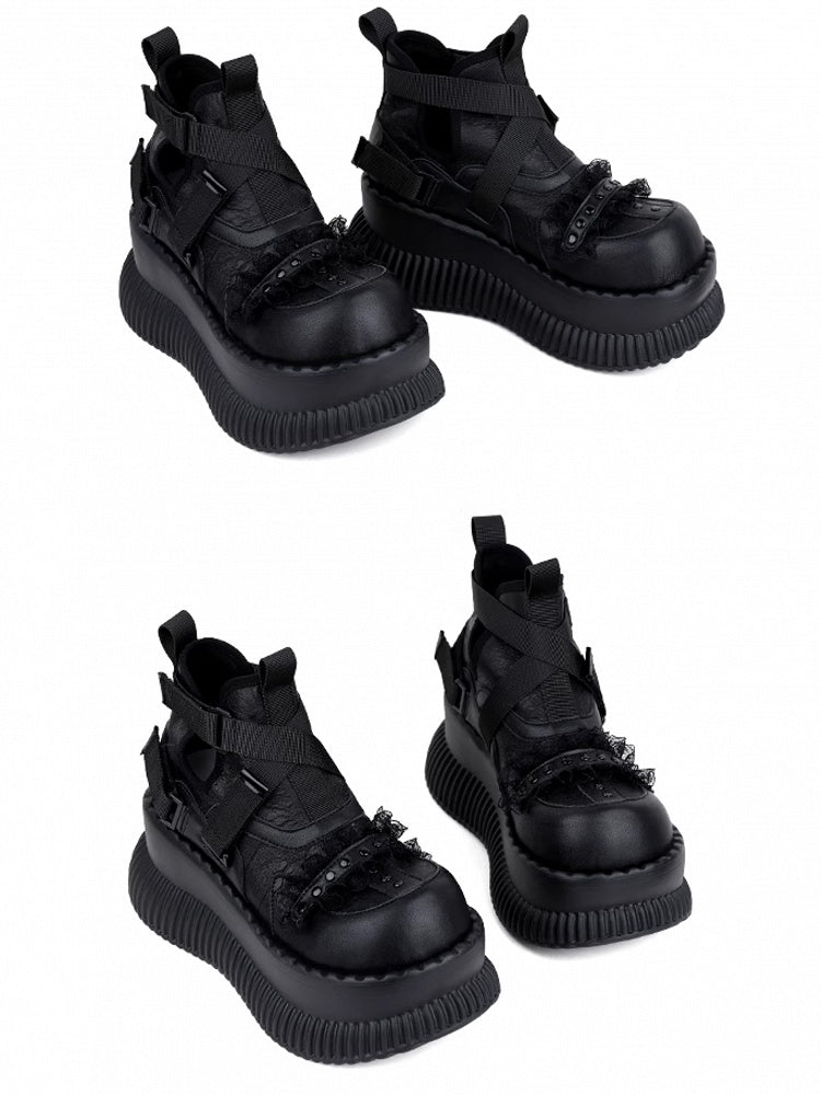 Shoes Stud Black Crisscross - Lace Platform Straps with Rock Details Punk Velcro Trim