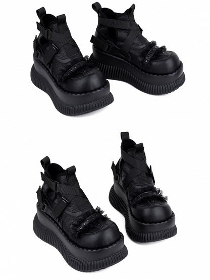 Shoes Stud Black Crisscross - Lace Platform Straps with Rock Details Punk Velcro Trim