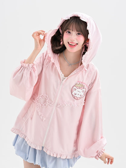 レース ゆめかわいい ピンク ストロベリーアップリケ ジャケット 蝶結び 日焼け防止 フード付き