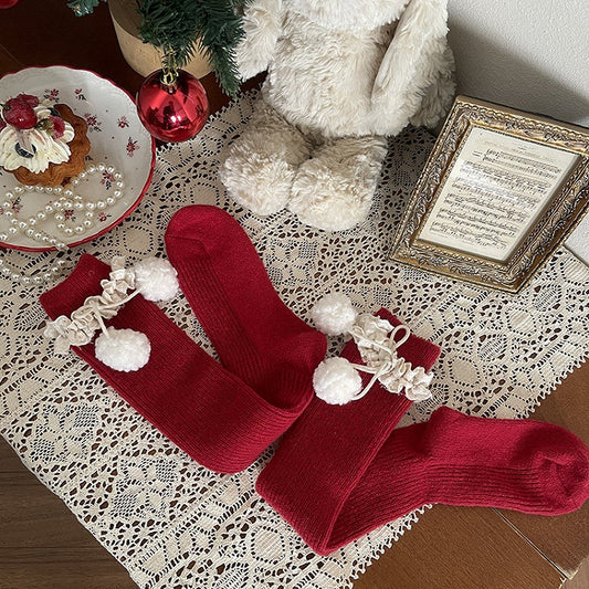 Slouchy Black Pom-Pom Cream / Stockings Lace with Accents Red