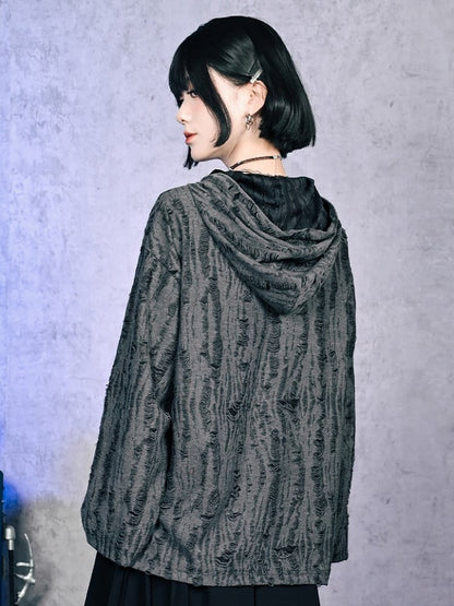 Print Distressed Gray Hoodie Gothic Brain Hole with Music Double-Layer