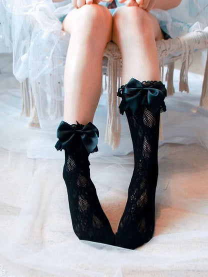 White/Yellow/Black Big Bow Ruffled Lace Cuff Calf Socks