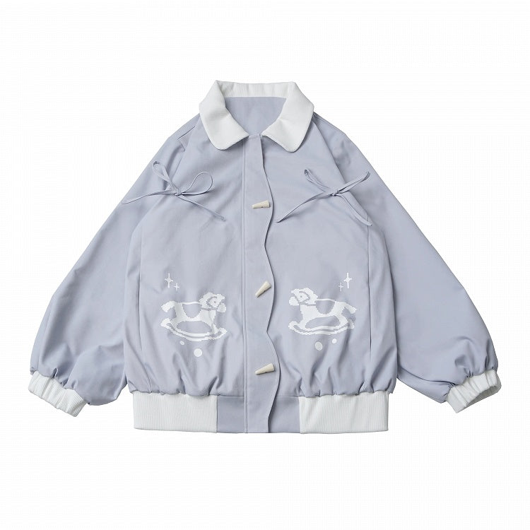 Light Blue Scalloped Placket Jacket with Rocking Horse Print & Toggle Buttons for Fall Winter - PINK SAVIOR