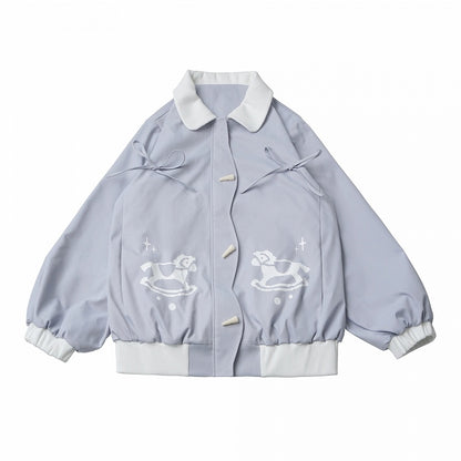Light Blue Scalloped Placket Jacket with Rocking Horse Print & Toggle Buttons for Fall Winter - PINK SAVIOR