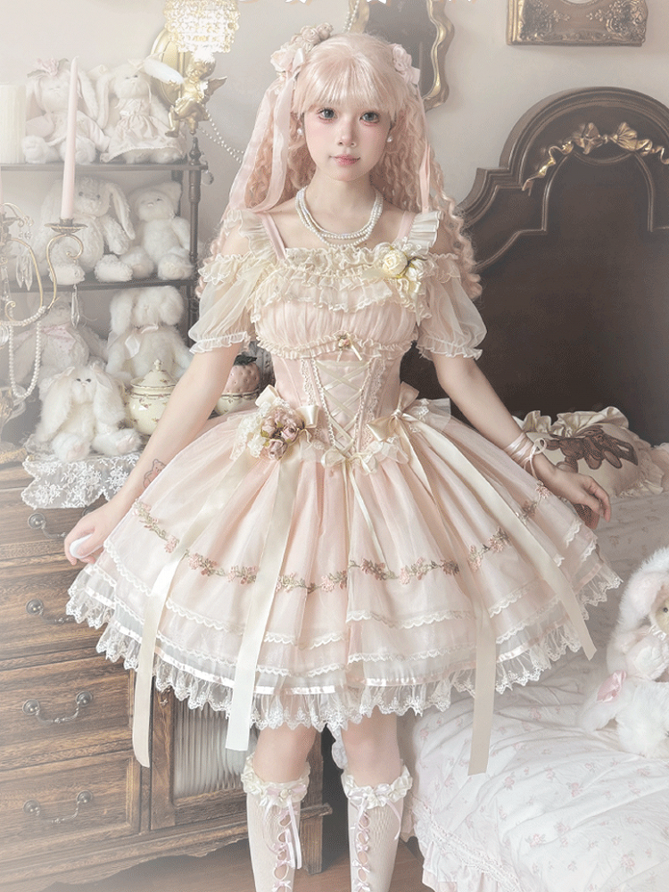 Boned Waist Balletcore Pink Ribbon Decoration Flutter Sweet Bowknots Sleeves JSK Lolita Dress