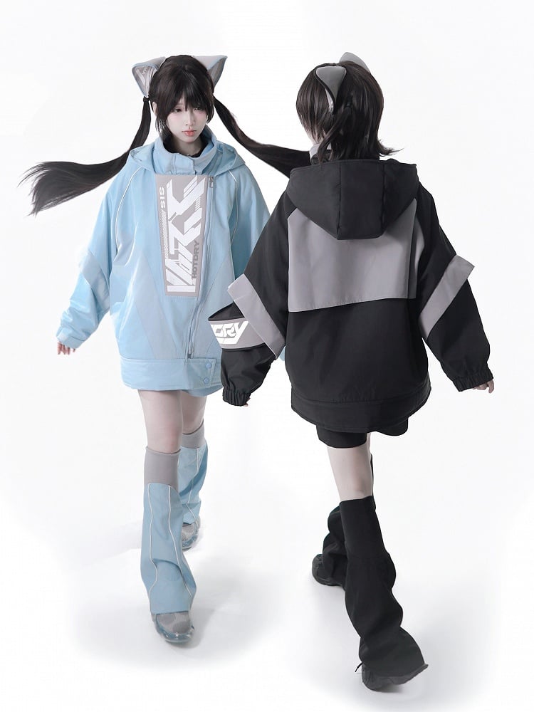 Kaiwai Cyberpunk Black - Two-Piece + Full Gray Leg Shorts Set Hair Clips Warmers Tenshi Techwear Cat Hooded Matching Jacket Ear