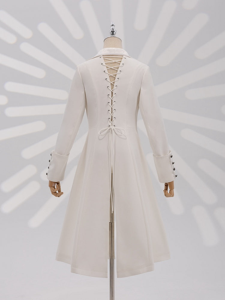 White Jacquard Coat with Zip Closure, Lace-Up Back, and Cutout Detail - DevilInspired Exclusive Collection