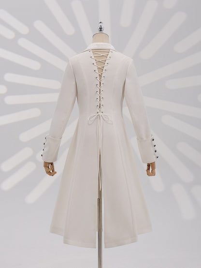 White Jacquard Coat with Zip Closure, Lace-Up Back, and Cutout Detail - DevilInspired Exclusive Collection