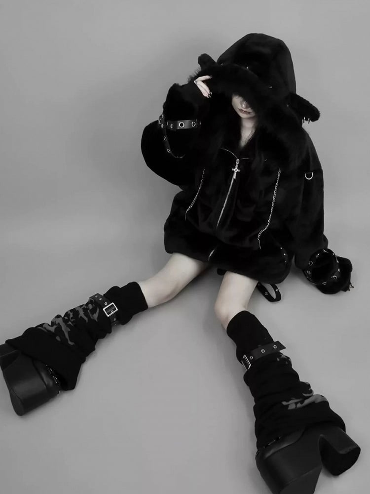 Jirai Kei White / Black Plush Lamb Ear Hooded Coat with Crossed Eyelet Straps and Back Cross Applique
