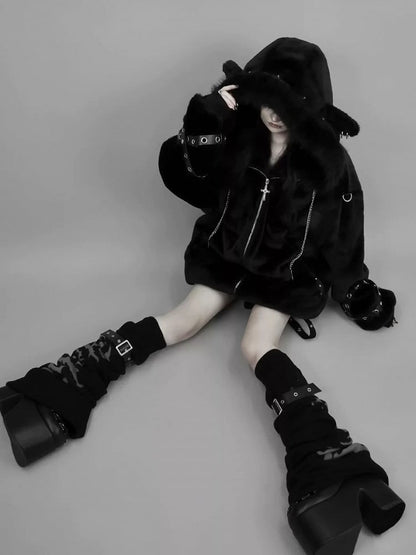 Jirai Kei White / Black Plush Lamb Ear Hooded Coat with Crossed Eyelet Straps and Back Cross Applique