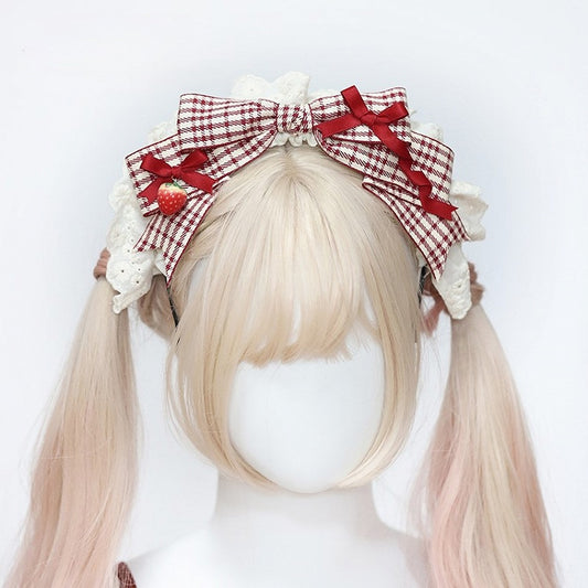 Bow with KC Charm Strawberry Red Plaided Lace White and Trim