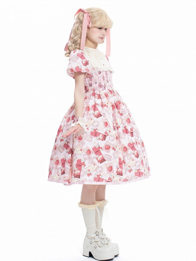 Lace Puff Pink with Sleeves Collar Lolita Beige Dress Print Strawberry Sweet
