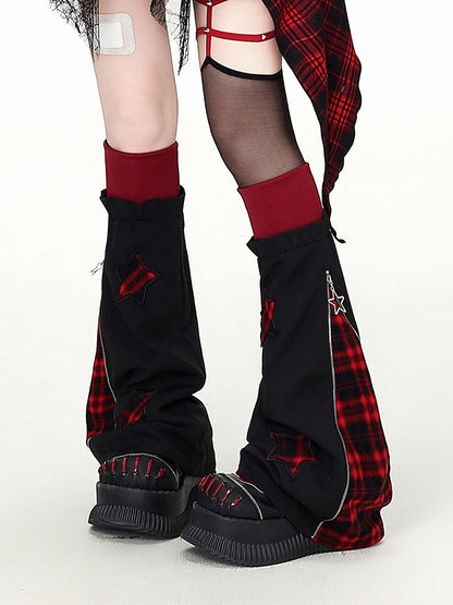 Plaid Star Leg Warmers with Zipper Accents - CRAZY GIRL