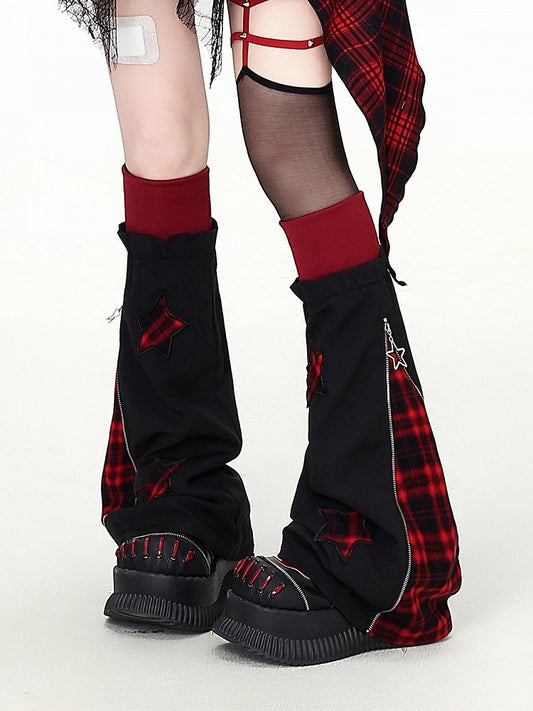 Plaid Star Leg Warmers with Zipper Accents - CRAZY GIRL