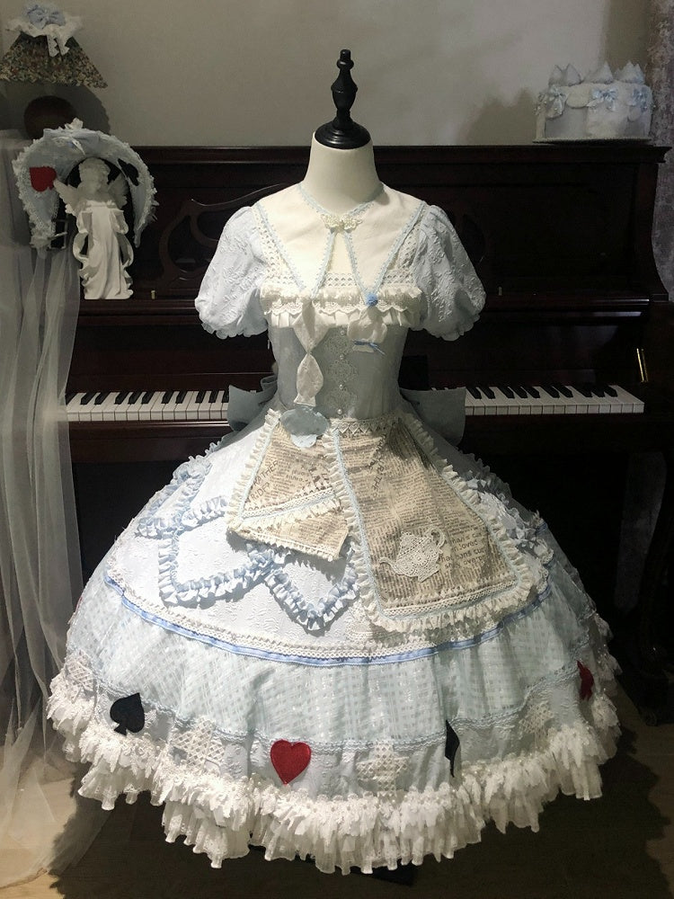 Blue-White Heart-Print OP Dress with Ruffle Lace Accents - Starry Mist Rose