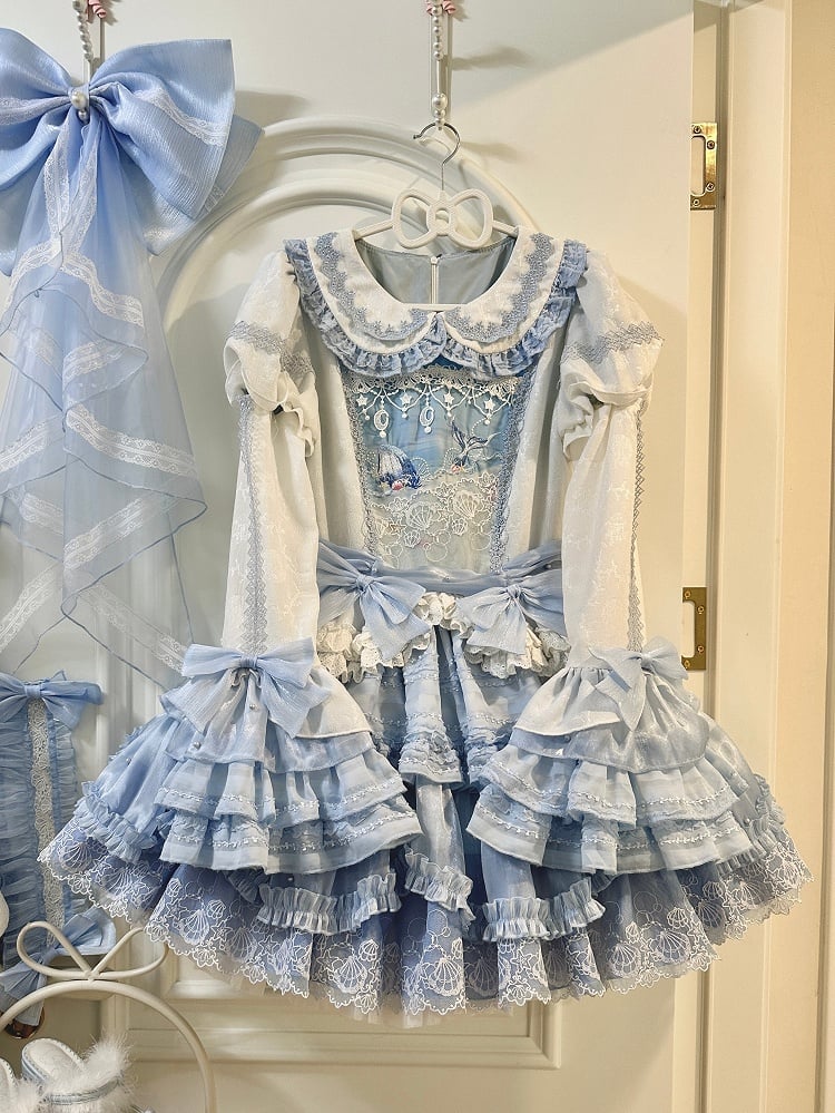 Sweet Bodice Sleeves Detachable Lolita Blue Dress Beach Whale Print Embroidery Bell with and