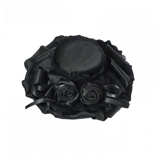 mit und Mini-Spitzendetails Satin Gothic Roses Schwarz/Weiß/Champagner Hut