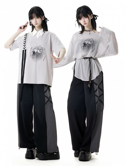 ストラップバニープリントカバーアップ+キャミトップ+セルフタイグレーオフショルダーピースの3点セット