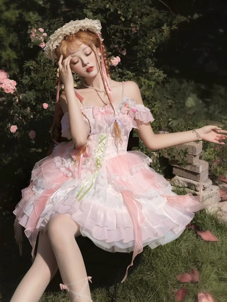 Shoulder Thring Lolita Flower Frill Dress Princess