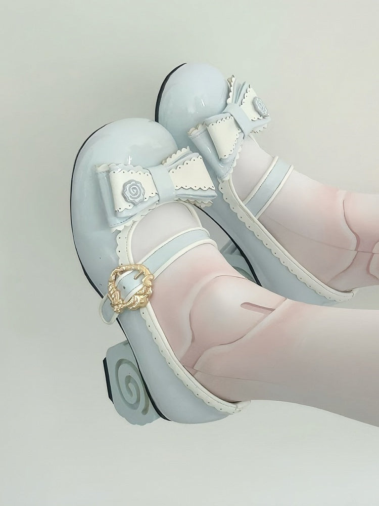 Hem Sweet with Scalloped Bow Blue Mid-heel Accents Mary Lolita Janes