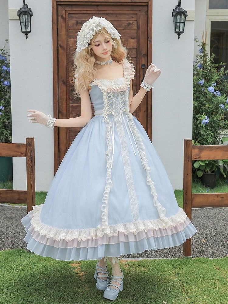 Blue Long Version Flounce Hem Lolita JSK Dress + Choker + Hairband Set - With PUJI