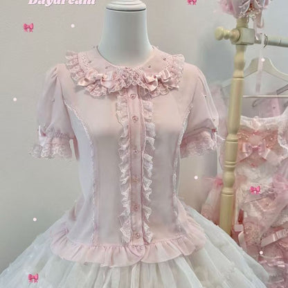 Ice Pearl Lolita Chiffon Bow Short Sleeve Blouse
