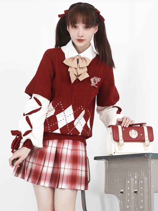 Red White Sleeves Christmas Sweater and Lace-Up Pullover Pattern with Diamond Hem