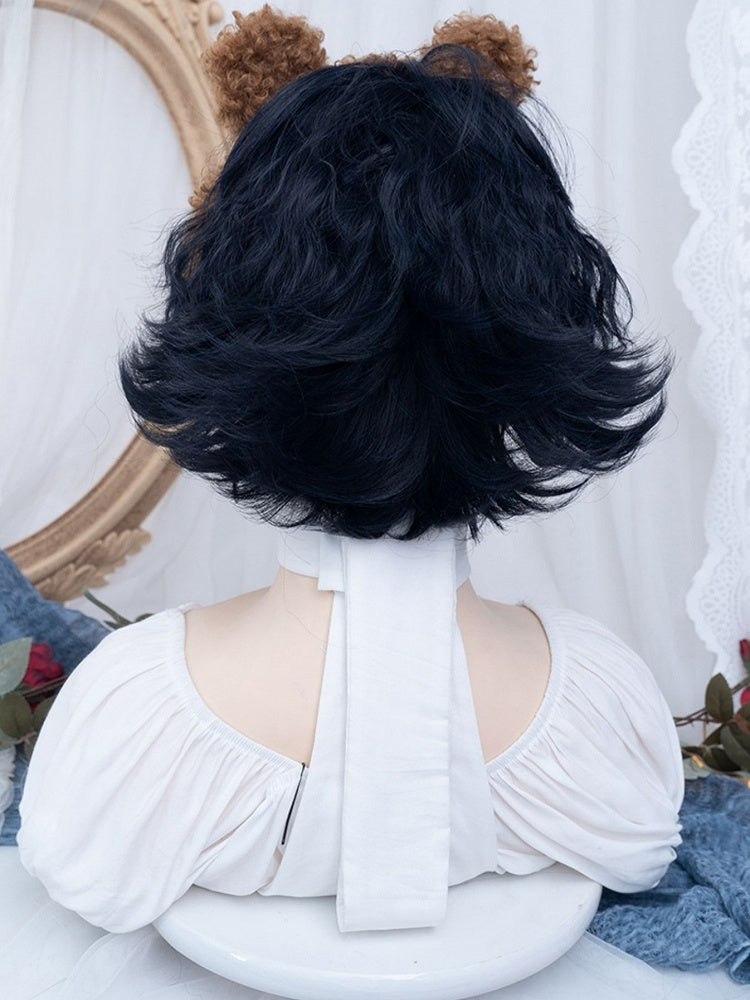 Dark Blue Short Wavy Boy Style Wig