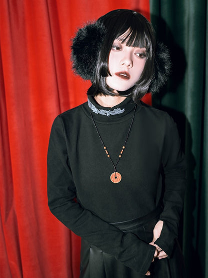 Gothic Dragon Top Collar Cheongsam Cuffs Print with Turtleneck Thin/Thick Black Thumbhole