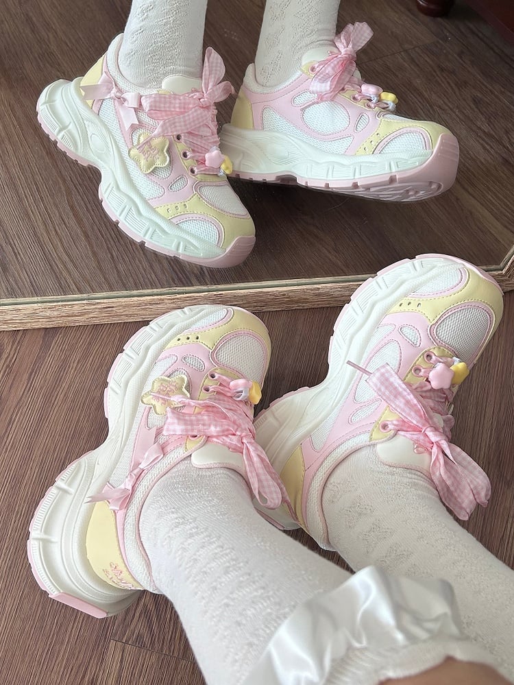 in Platform Pink Lolita Design Bow Plaid Lace-up Star Sweet Details Sneakers Yellow And