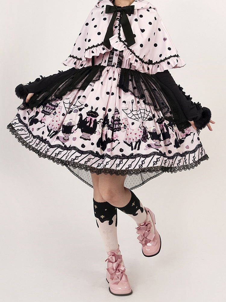 Cat Ears Dot Cape Hooded Polka Pink Lolita with