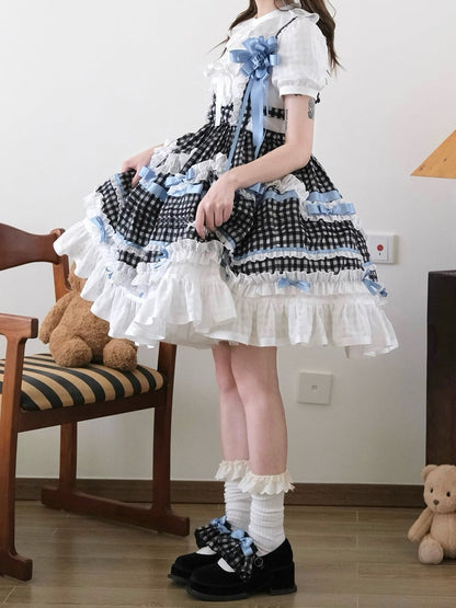 Monochrome Checkered Frilly Bow Lolita Jumperdress