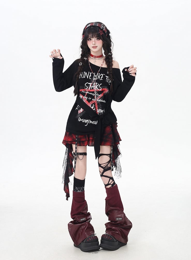 トップス ブラック アシンメトリーネックライン スター グラフィティプリント ルーズ