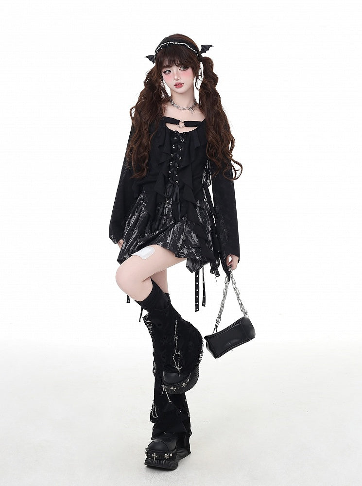 アシンメトリーなフリルプラケットヘムシフォントップス ピンク レースアップ ブラック/ライト