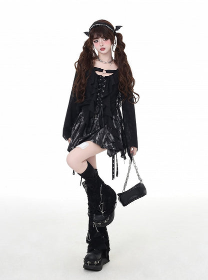 アシンメトリーなフリルプラケットヘムシフォントップス ピンク レースアップ ブラック/ライト