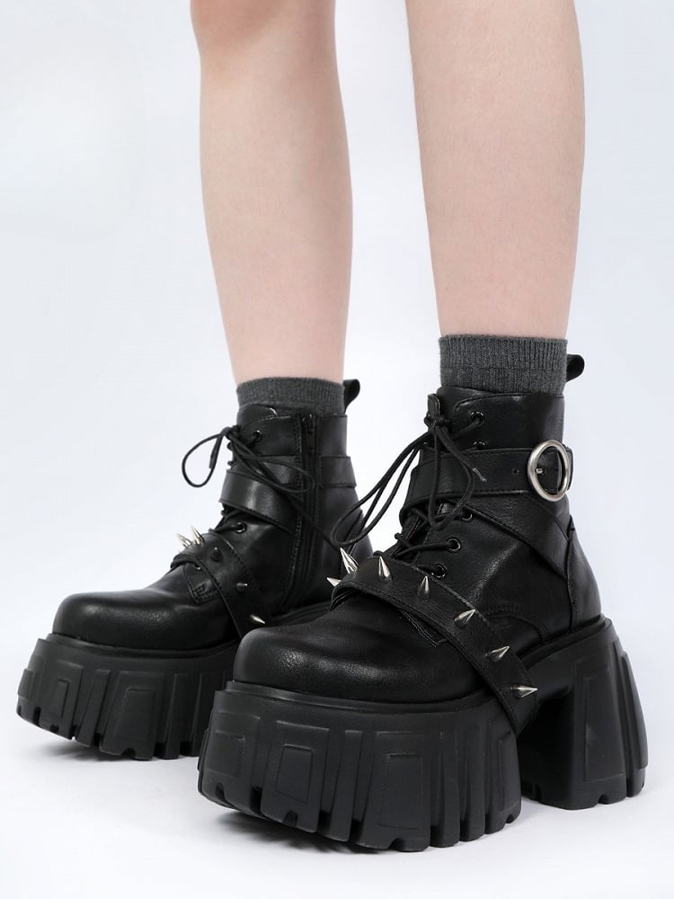 Stiefel Rock Ankle Plateau Schwarz Blockabsatz Punk -