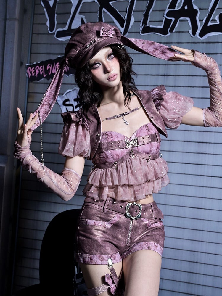 Peplum Y2K Cami Detachable with Sequin Butterfly Crop Punk Pink Rhinestone Pastel