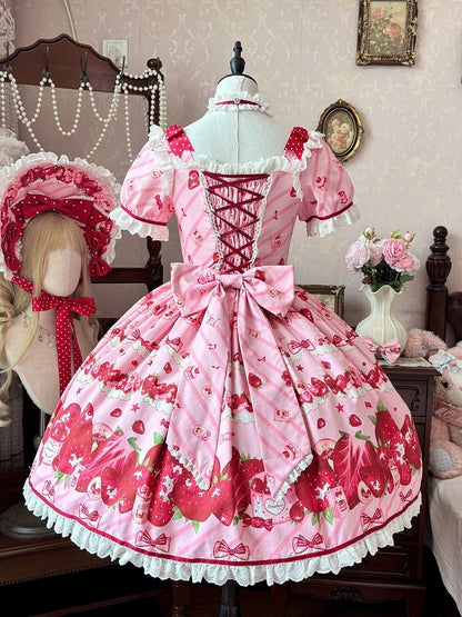 Set Erdbeerkleid Sweet Lolita Kurze Ärmel Volldruck Rosa