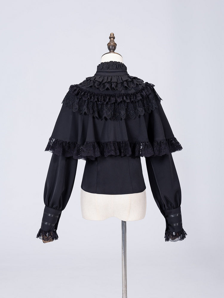 Lace Trim Cape Shirt with Detachable Collar in All-Black Elegance - DevilInspired Exclusive Collection