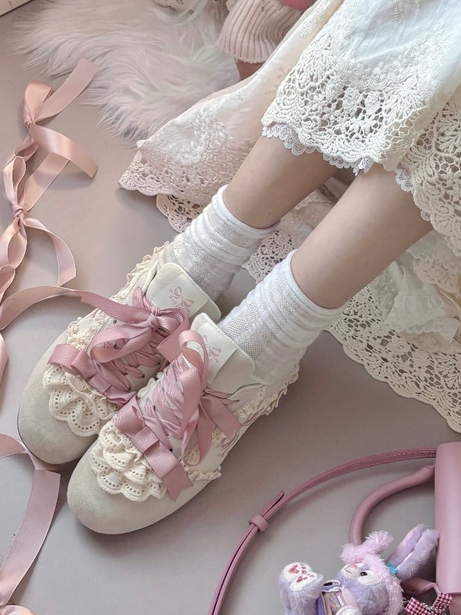 Trim Lolita Front Sneakers Lace-up Balletcore Sweet Pink Lace Ties