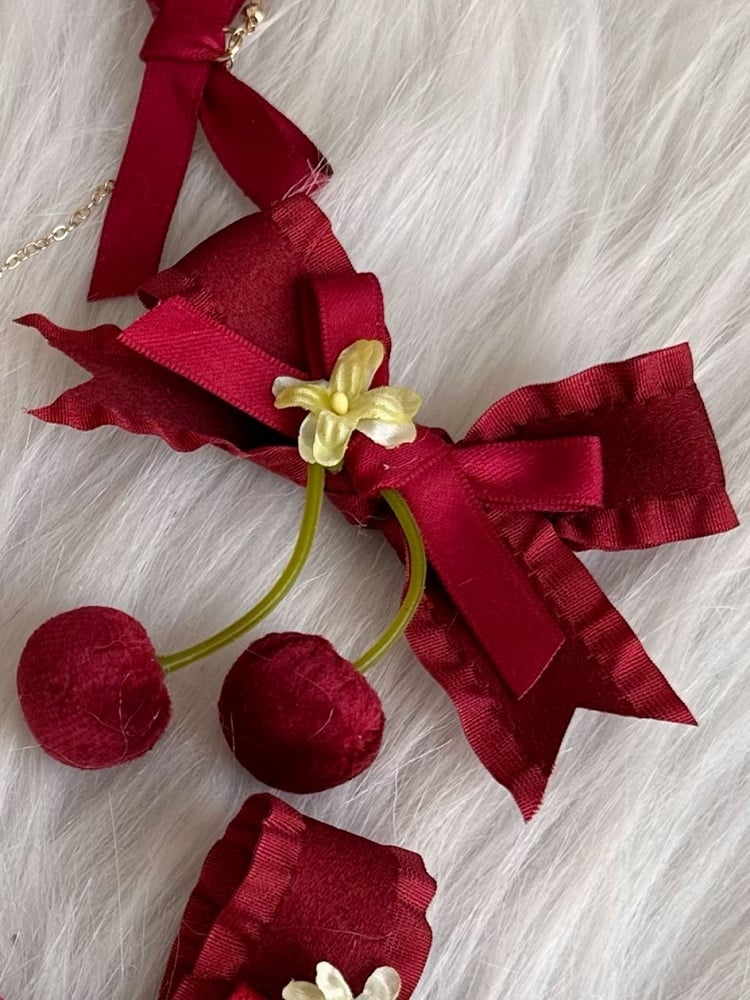 Red Wine Hairclip Sweet Cherry Velvet Bowknot Lolita