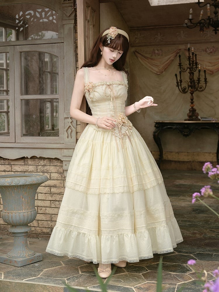 Yellow Sleeveless Lace Top with Floral Belt and Skirt - Penny House